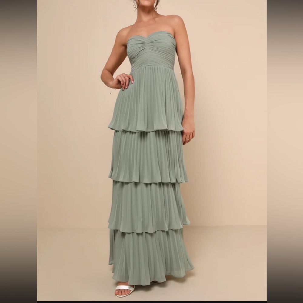 Lulus Seriously Sensational Strapless Tiered Sage Green Dress, size M